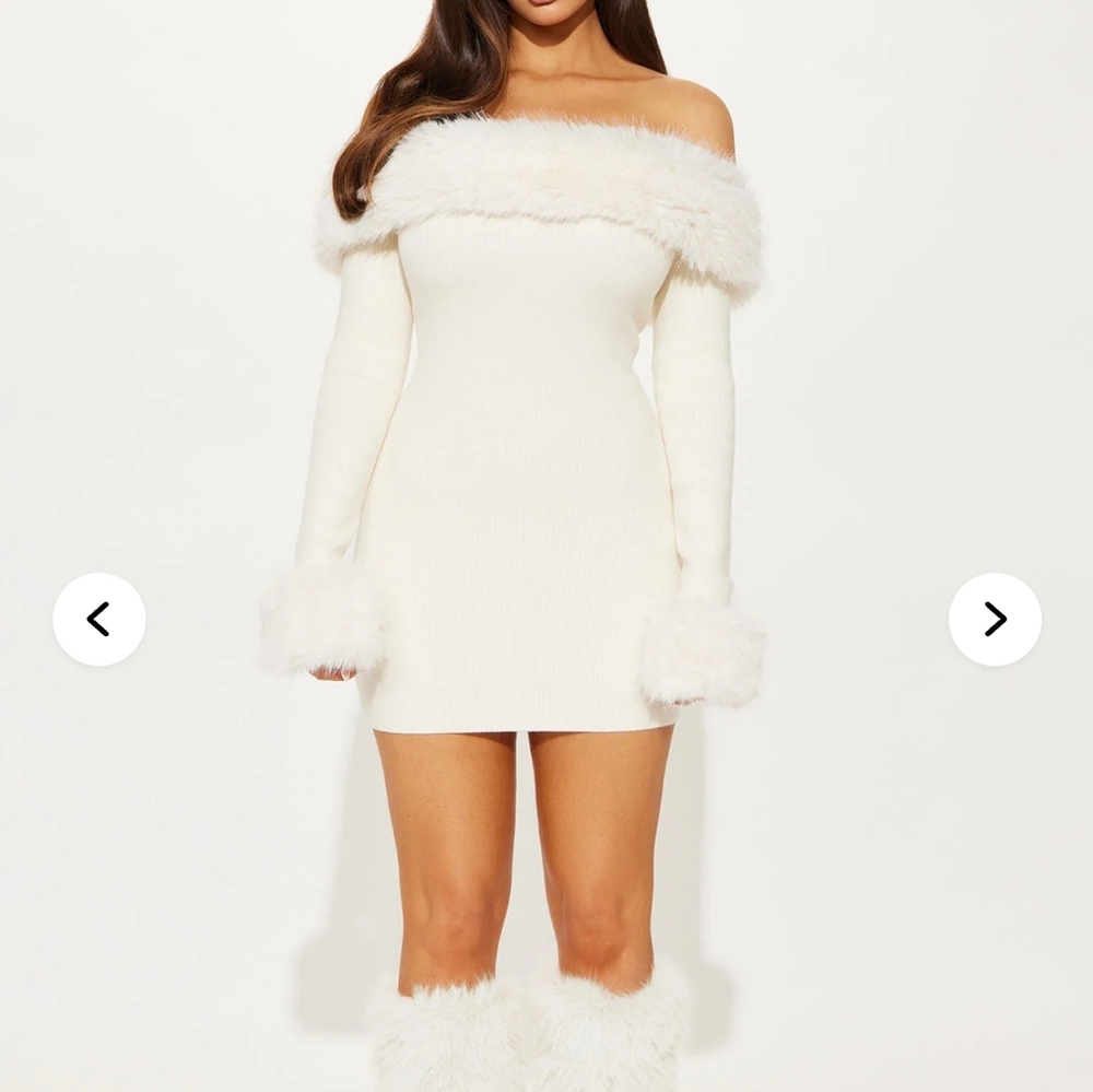 Fashion Nova Off Shoulder Fur Trim Sweater /Sweater Dress